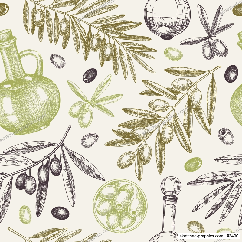 Olive oil seamless pattern. Olive tree branches background in retro style. Food design. Hand-drawn vector illustration. NOT AI generated.
