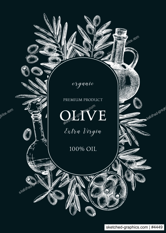 Olive oil wreath design on chalkboard. Hand-drawn vector illustration. Olive tree branches, glass bottle, olives sketches. Italian food ingredient. Vegetable oil background