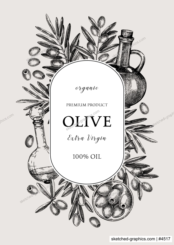Olive oil wreath design. Hand-drawn vector illustration. Olive tree branches, glass bottle, olives sketches. Italian food in vintage style. Vegetable oil background