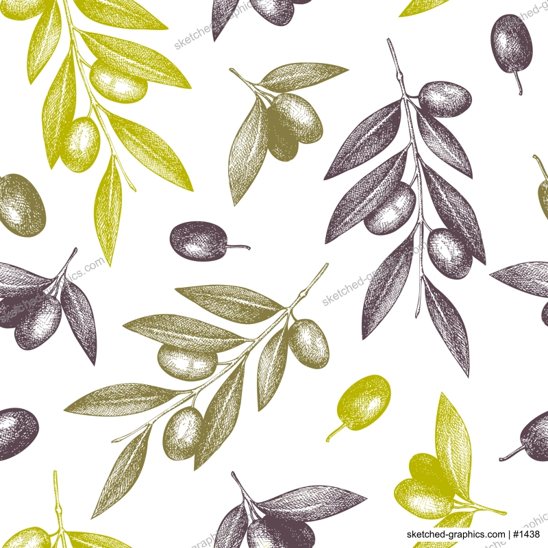 Olive seamless pattern. Healthy food background. Hand-drawn vector illustration. Olives branches, leaves and fruits sketches. Packaging, kitchen design. NOT AT generated