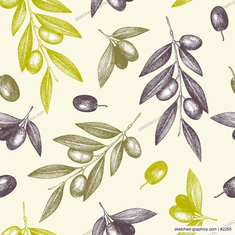 Olive seamless pattern. Healthy food background. Hand-drawn vector illustration. Olives branches, leaves and fruits sketches. Packaging, kitchen design. NOT AT generated
