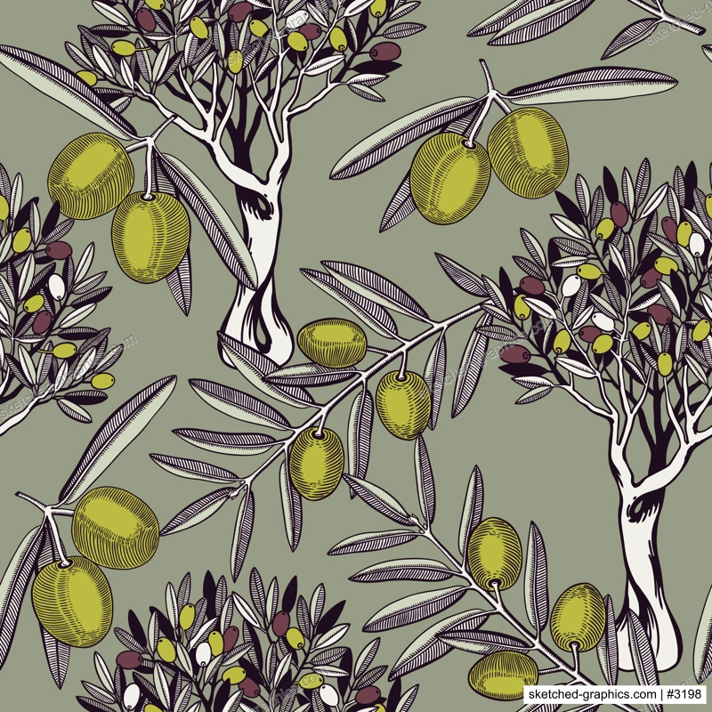 Olive tree vector background. Decorative twigs with leaves and olive fruit in color. Natural olive oil ingredient seamless pattern. Healthy food plant design for print or packaging