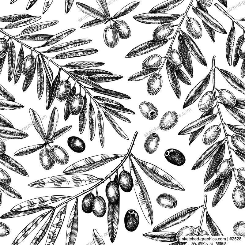 Olives seamless pattern. Olive branches background in vintage style. Hand-drawn vector illustration. NOT AI generated.