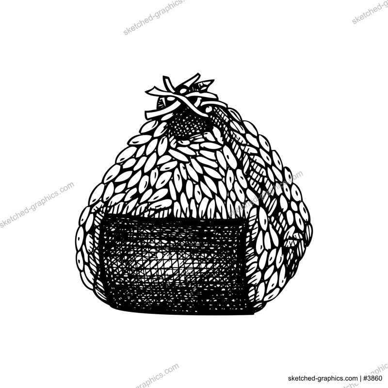 Hand-drawn onigiri sketch. Japanese rice ball drawing in engraved style. Japanese food illustration isolated on white background. Rice ball wrapped with dried nori. Edible seaweed recipe