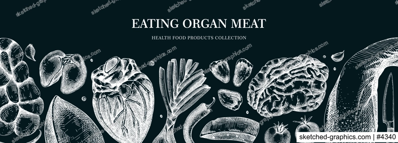 Organ meat banner. Liver, heart, kindle, tongue, offal. Internal organs, ingredients, meat product, healthy food sketch. Engraved vector food illustrations on chalkboard. Butchery design elements.
