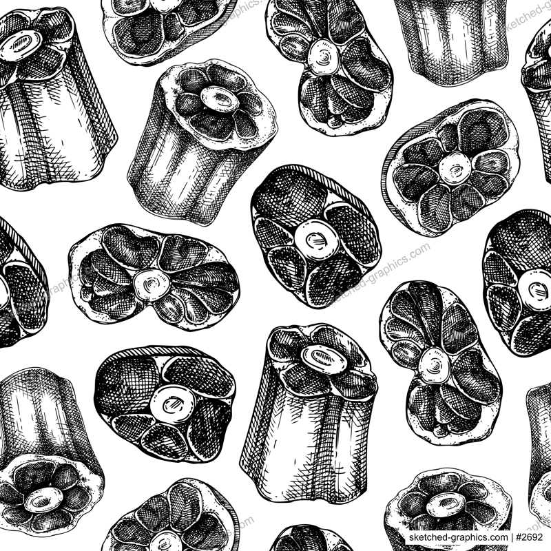 Butchery pattern. Raw oxtail with meat sketches. Organ meat seamless endless background design. Repeating print with hand drawn tail of cattle. Vector food illustration for fabric, textile, packaging