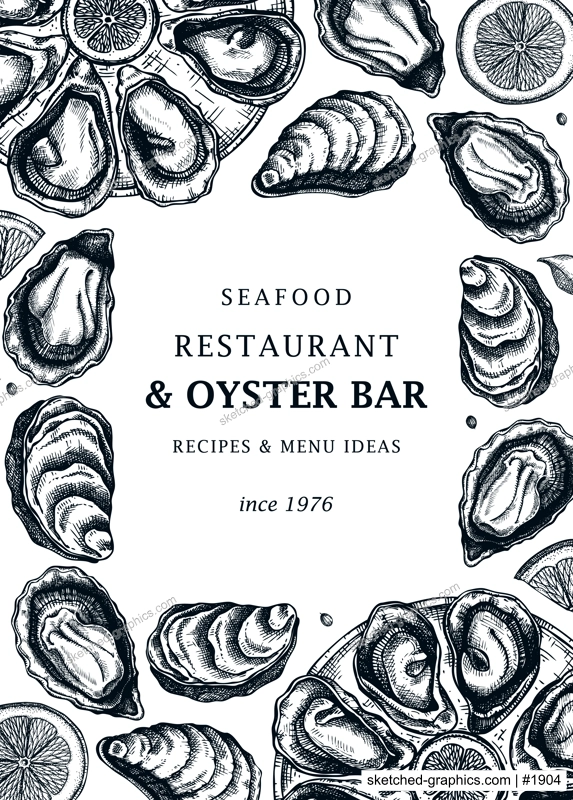 Cooked oysters menu design. Shellfish and seafood restaurant or delivery design element. Hand drawn oyster on plate with lemon and raw shellfish sketches. For menu, recipes, flyers or invitation.