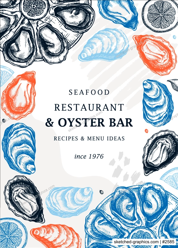 Hand-drawn oysters trendy menu template. Hand sketched cooked sea food illustrations. Collage with oysters hand-drawing. Mollusks modern card or banner design in sketched style. 