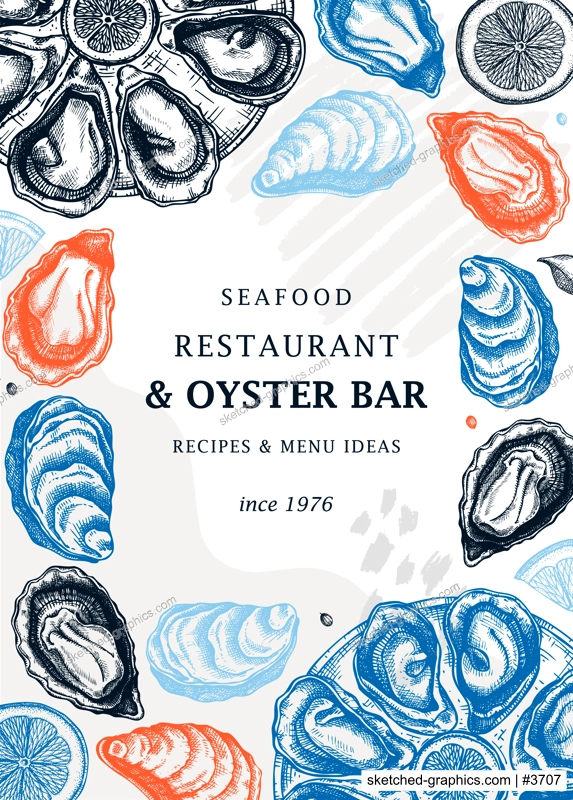 Hand-drawn oysters trendy menu template. Hand sketched cooked sea food illustrations. Collage with oysters hand-drawing. Mollusks modern card or banner design in sketched style.