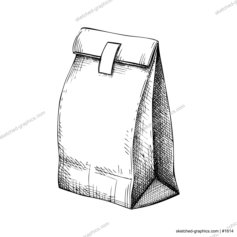 Paper bag sketch. Hand drawn vector illustration. Packaging drawing in vintage style. Food delivery or grocery shopping design element