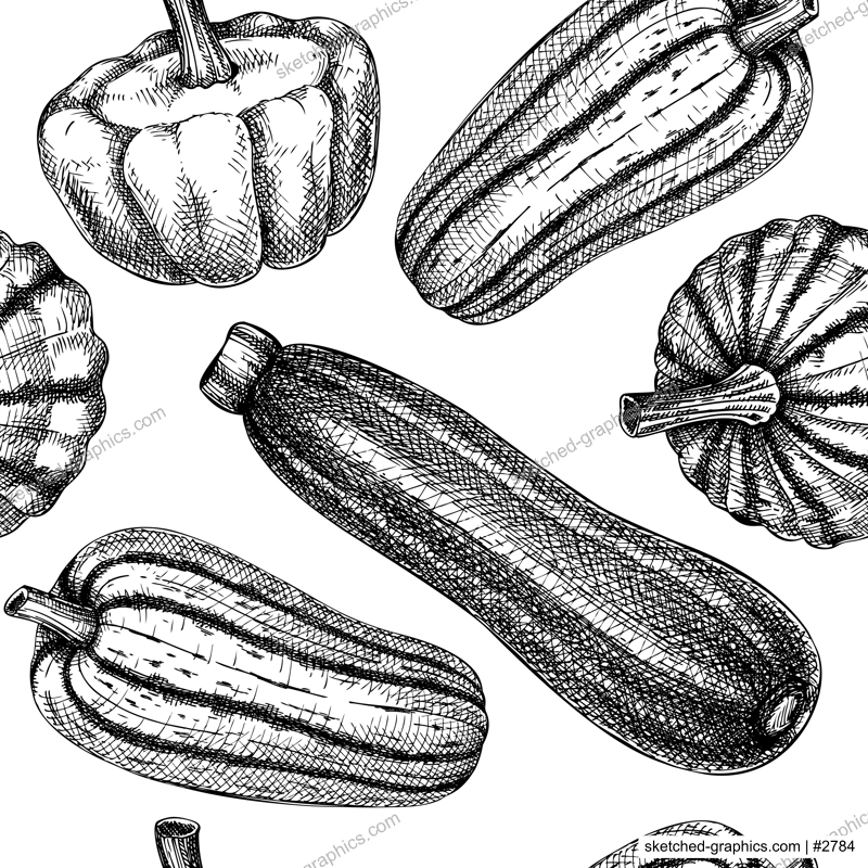 Fresh Pattypan squash sketch background. Hand-sketched Vegetable seamless pattern. Healthy food plant. Vector backdrop with raw cultivated summer squash. Patisson for grocery, markets, packaging, 