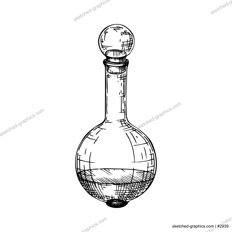 Hand sketched perfume bottle in vintage style. Glassware drawing for alchemy, medicine, cosmetics, or perfumery. Alchemy laboratory equipment sketch. Glass bottle for magic lab isolated on white
