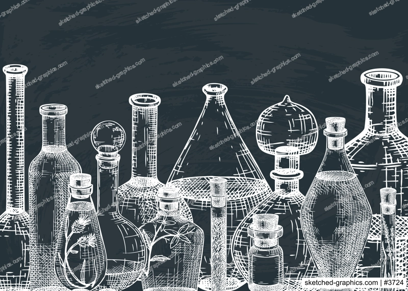 Hand-sketched glass equipment for perfumery and cosmetics making on chalkboard. Chemicals and alchemy glassware background. Perfume bottles, jars, flasks design in engraved style. Vintage drawing