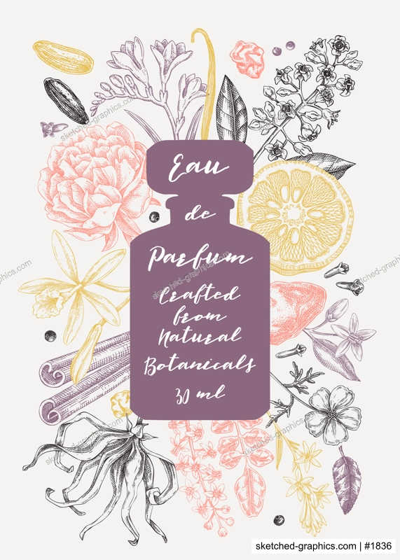 Collage style perfume brand flyer design. Aromatic plants and flowers hand drawn vector illustration. Perfumery and cosmetics gift card, floral invitation, book cover, poster. NOT AI generated