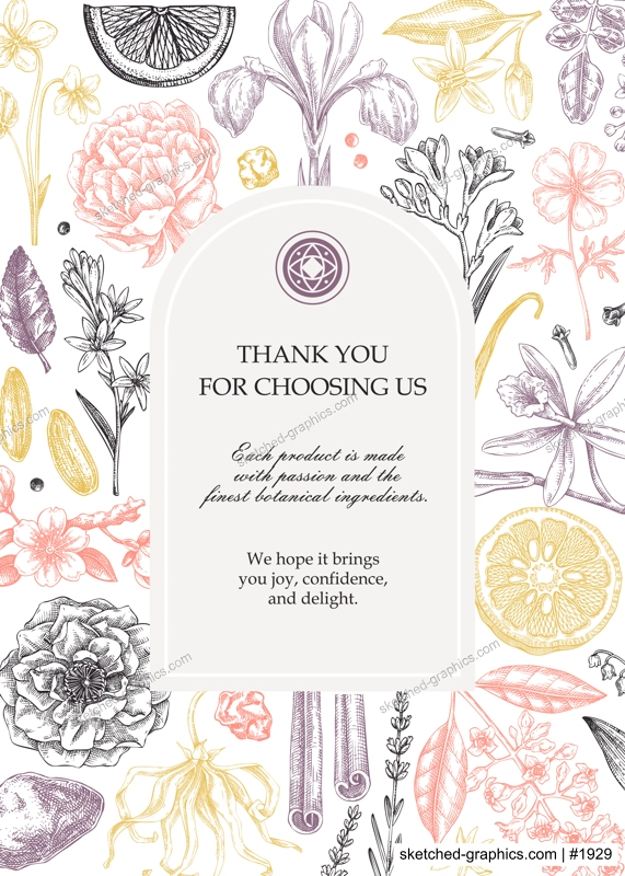 Thank you card design, floral invitation template. Vintage perfume and cosmetic hand-drawn vector illustration. Aromatic plants and flower sketches. NOT AI generated