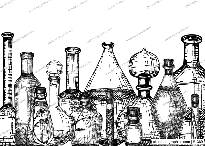 Hand-sketched glass equipment for perfumery and cosmetics making. Chemicals and alchemy glassware background. Perfume bottles, jars, flasks design in engraved style. Vintage drawing