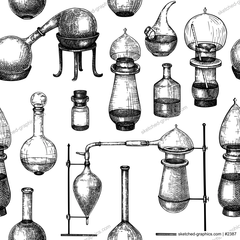 Sketched glass equipment background for perfumery and cosmetics making. Chemicals and alchemy glassware seamless pattern. Perfume bottles, jars, flasks drawings in engraved style. Vintage texture