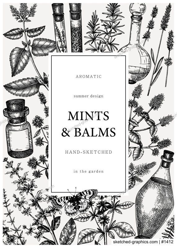Hand-drawn perfumery and cosmetics ingredients card. Decorative background with vintage mints and balms herbs for perfumery. Organic cosmetics design template. Aromatic plants flyer