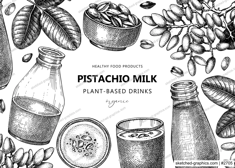 Vegetarian food background. Pistachio milk. Dairy products banner design. Print template with plant milk in glass, bottle, pistachio sketches. Healthy drink, nut milk vector illustration for packaging