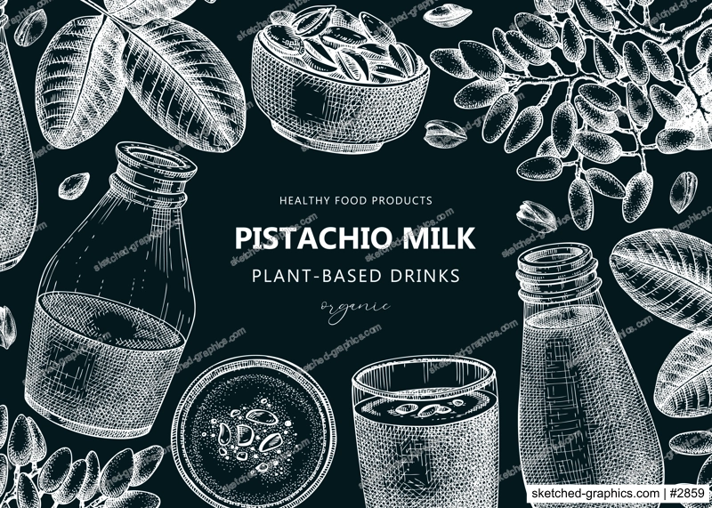Vegetarian food background. Pistachio milk. Dairy products banner design. Print template with plant milk in glass, bottle, pistachio sketches. Healthy drink, nut milk vector illustration on chalkboard
