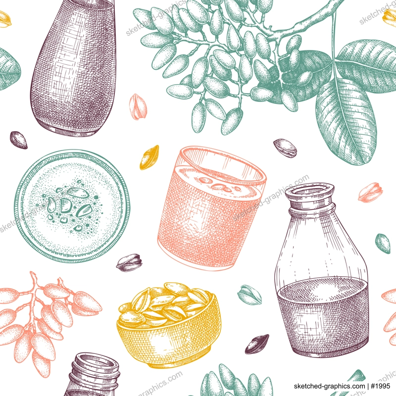 Pistachio milk pattern. Dairy products seamless endless background design. Repeating print with plant milk, pistachio nut, tree branches. Nut milk vector sketches for fabric, textile, packaging