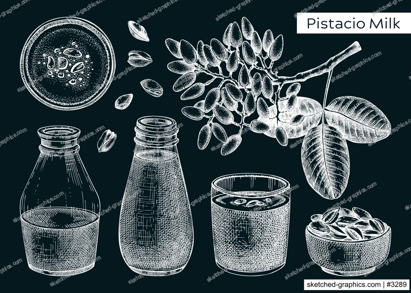 Pistachio milk sketches set. Organic dairy protein products for vegetarians on chalkboard. Vector illustrations of pistachio plant branch, nuts in bowls, milk in glass bottles. Healthy food and drinks
