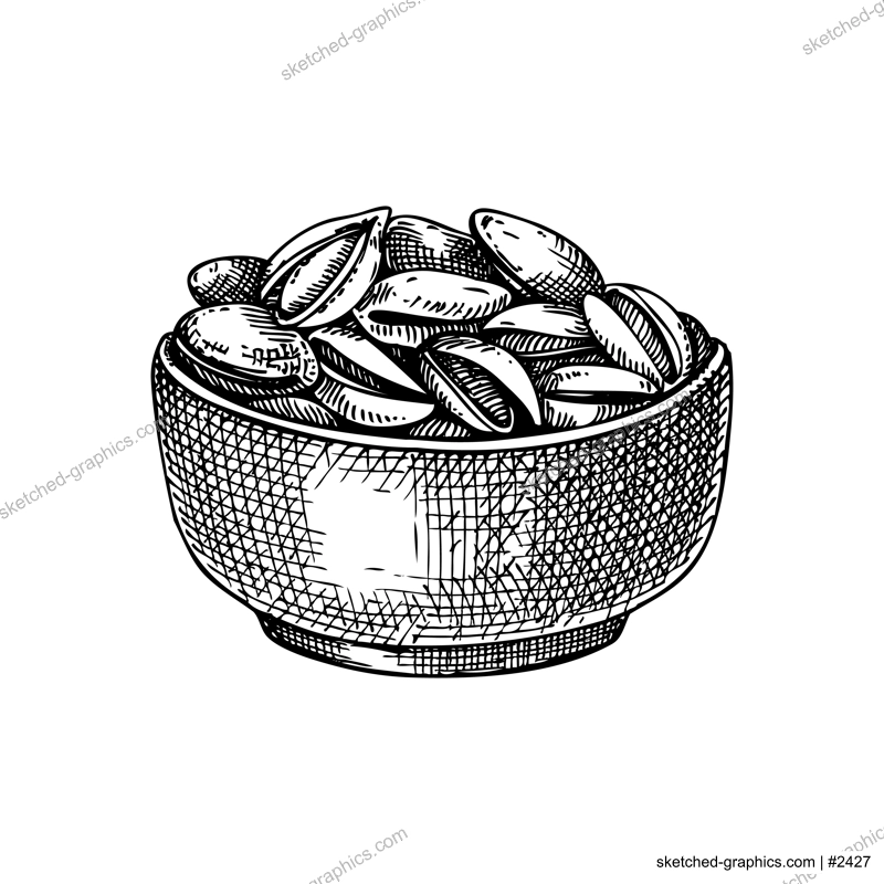 Pistachio nuts in bowl vector illustration. Hand drawn healthy food drawing. Organic product, snack for vegetarians in sketch style. Perfect for recipes, menus, labels, packaging,