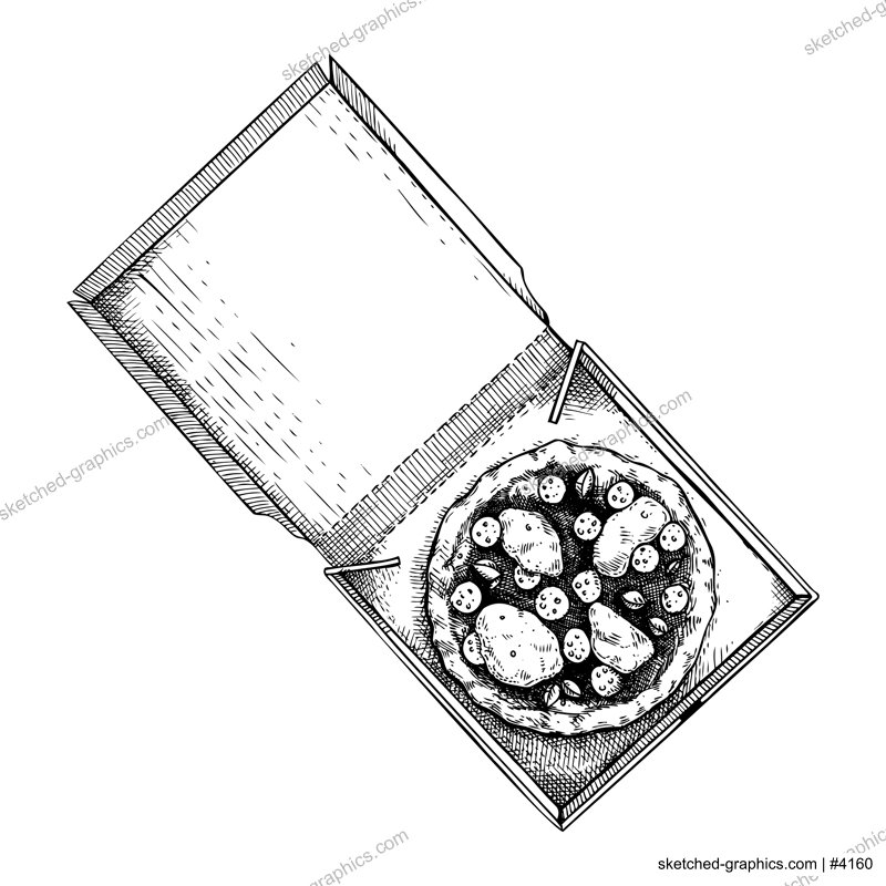 Pizza in paper box sketch. Hand-drawn vector illustration. Vintage fast food drawing. Food delivery design element. Take away box package. Italian cuisine menu design element
