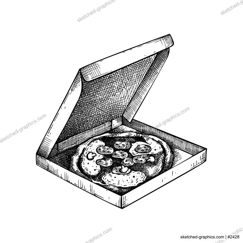 Pizza in paper box sketch. Hand-drawn vector illustration. Vintage fast food drawing. Food delivery design element. Take away box package. Italian cuisine menu design element