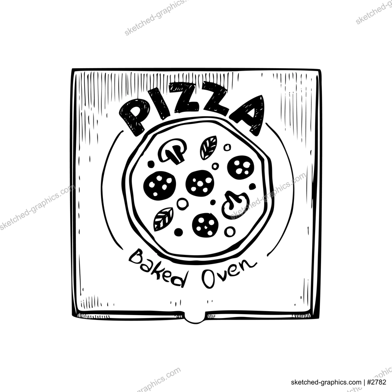 Pizza in paper box sketch. Hand-drawn vector illustration. Vintage fast food drawing. Food delivery design element. Take away box package. Italian cuisine menu design element