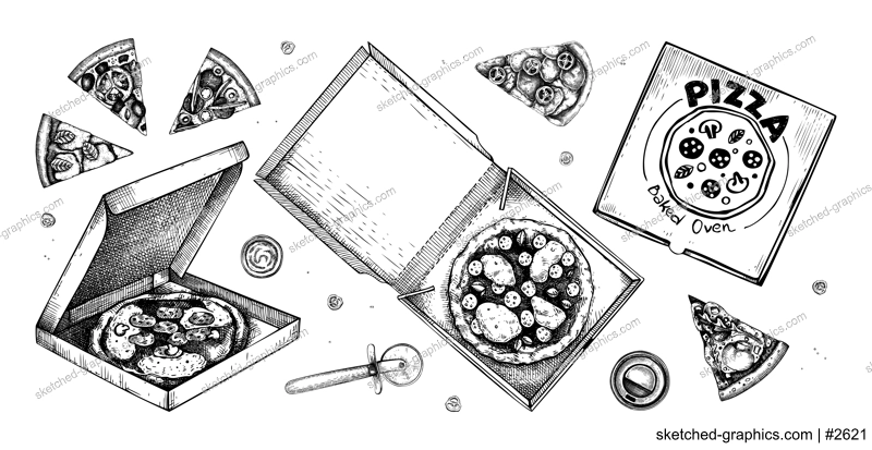 Pizza in paper box sketches set. Hand-drawn vector illustration. Vintage fast food drawing. Food delivery design element. Take away box package. Italian cuisine menu