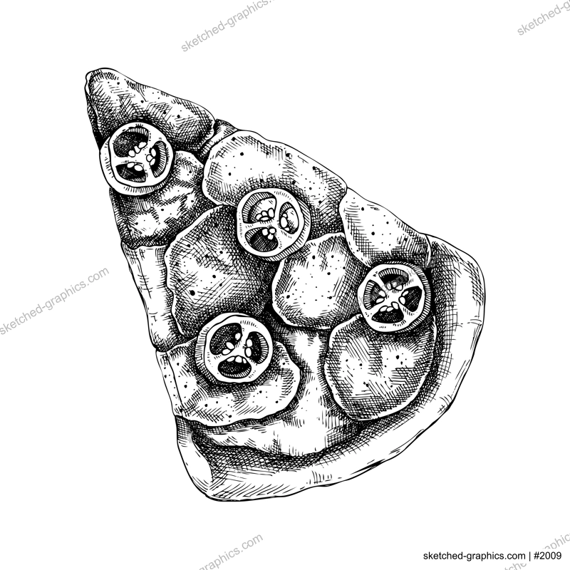 Pizza slice sketch. Italian food hand drawn vector illustration. Pizza with jalapeno chili pepper, cheese and meat. Mexican cuisine menu design elements. 