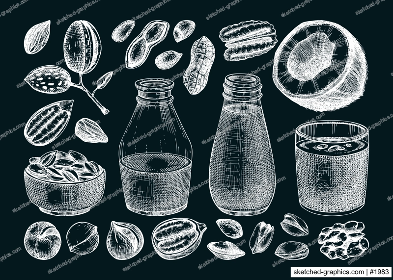 Vegetarian food set. Dairy products design elements. Plant milk in glass, bottle, nuts in bowl, almond, pecan, coconut, pistachio sketches. Healthy drink, nut milk vector illustration on chalkboard