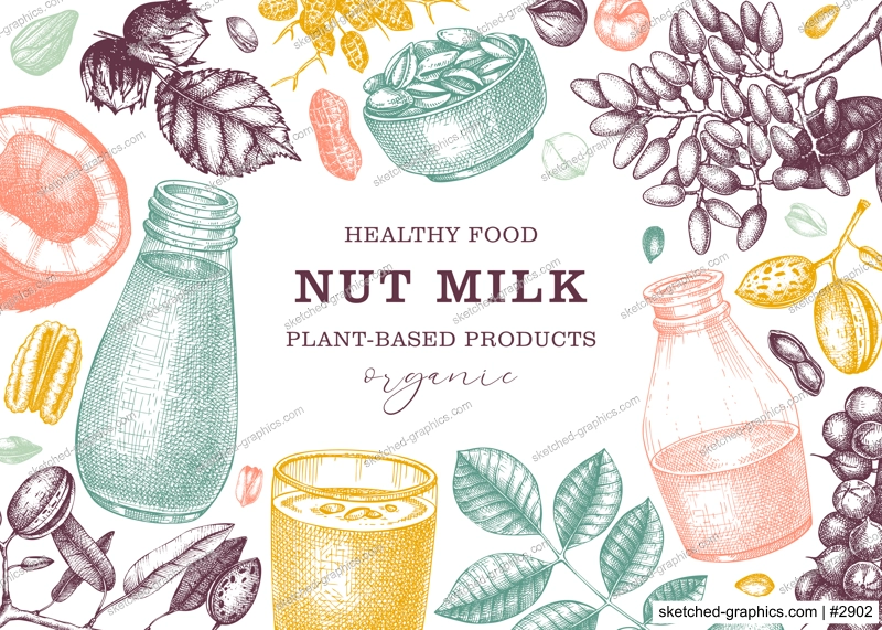 Vegetarian food background. Dairy products banner design. Print template with plant milk in glass, bottle, almond, pecan, coconut, pistachio. Healthy drink, nut milk vector sketches in color