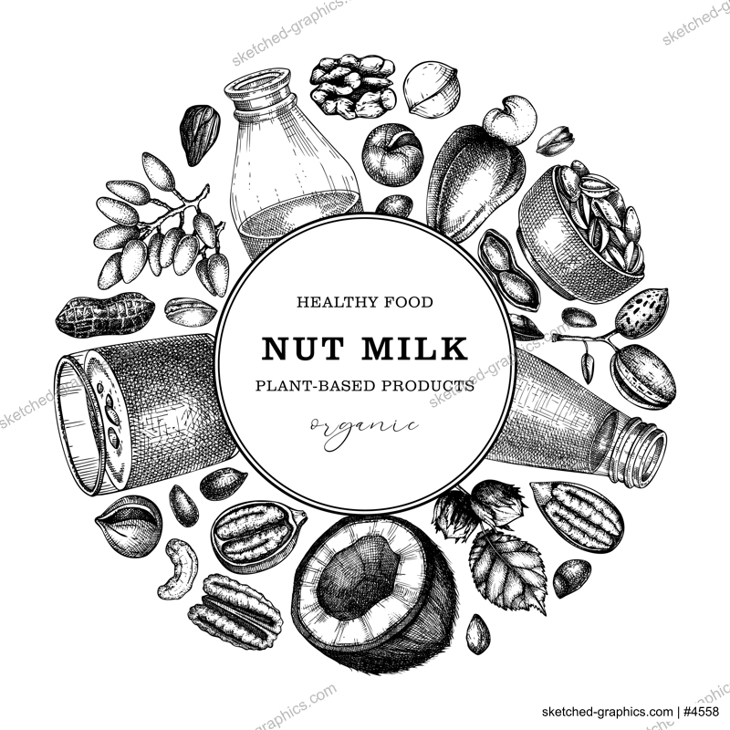 Vegetarian food banner design. Dairy products advertising background. Plant milk in glass, bottle, almond, pecan, coconut, pistachio sketch. Healthy drink, nut milk packaging, print, label template. 