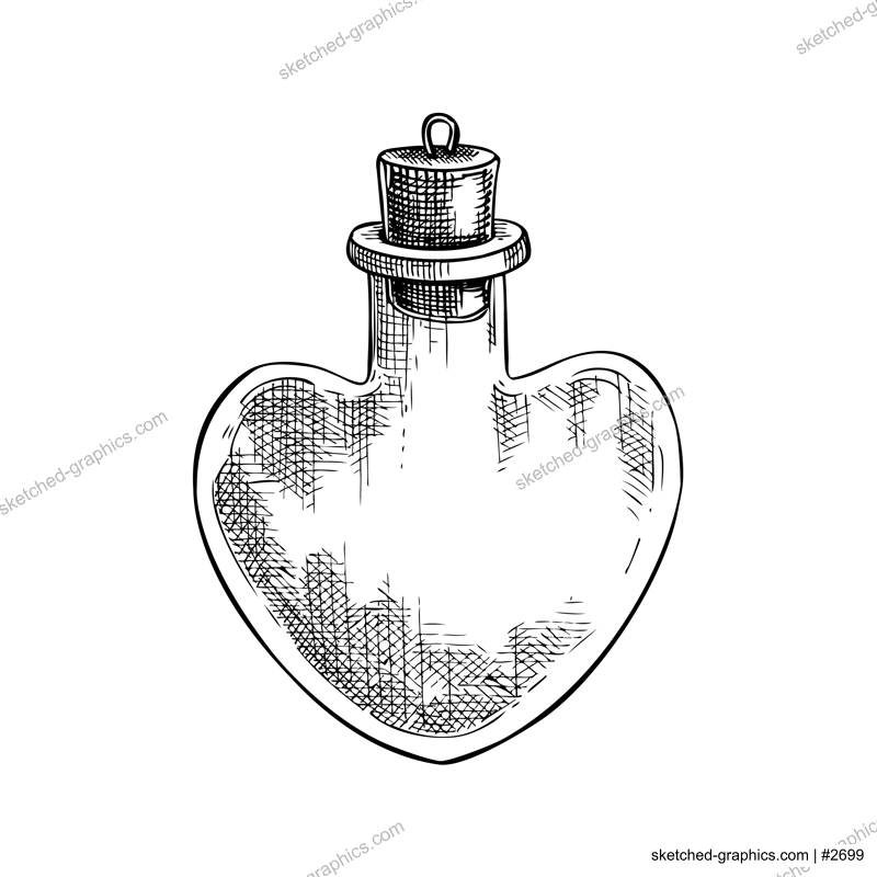Poison bottle with cork stopper sketch. Witchcraft vector illustration. Vintage Halloween design element. Hand-drawn alchemical icon, esoteric symbols. NOT AI generated