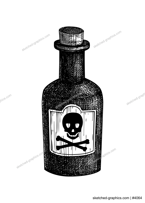 Glass bottle with poison sketch. Hand draw jar with label isolated on white background. Halloween design element, alchemy, home decoration, witchcraft. Scull with bones sticker vector illustration