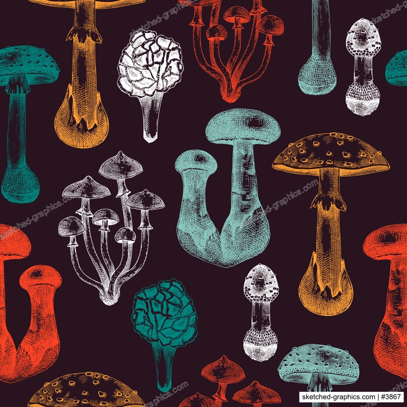 Poisonous mushrooms seamless pattern. Hand-drawn deadly fungus design. Vector forest plants background. Botanical illustrations, design elements. For packaging, print, banners,