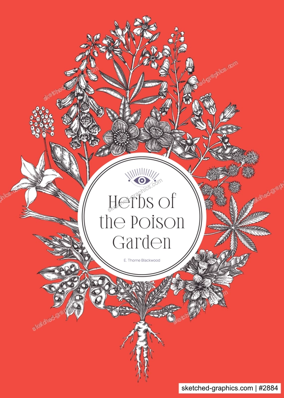 Poisonous Plants Illustration in sketch style. Gothic Botanical Book Cover Design for Halloween, Witchcraft & Dark Academia. NOT AI generated