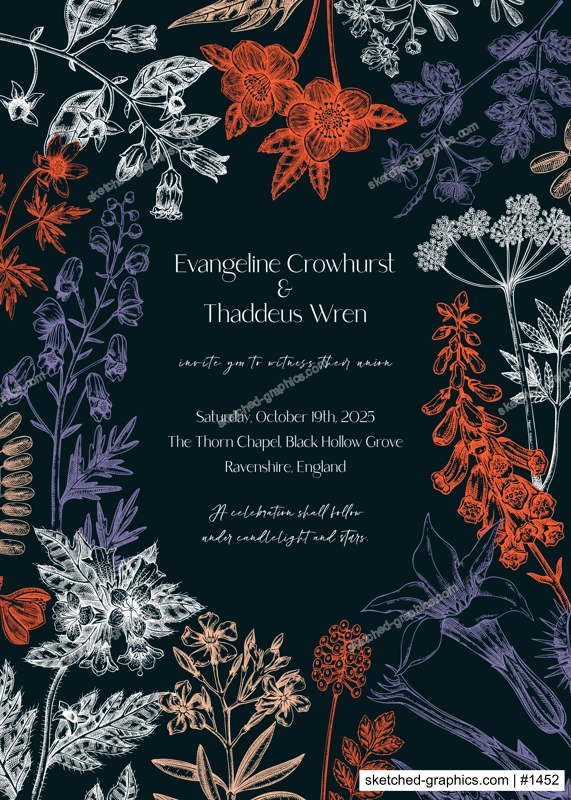 Poisonous plants hand drawn illustration. Gothic wedding invitation design template. Witchcraft,witch herbs apohecary frame.  NOT AI generated