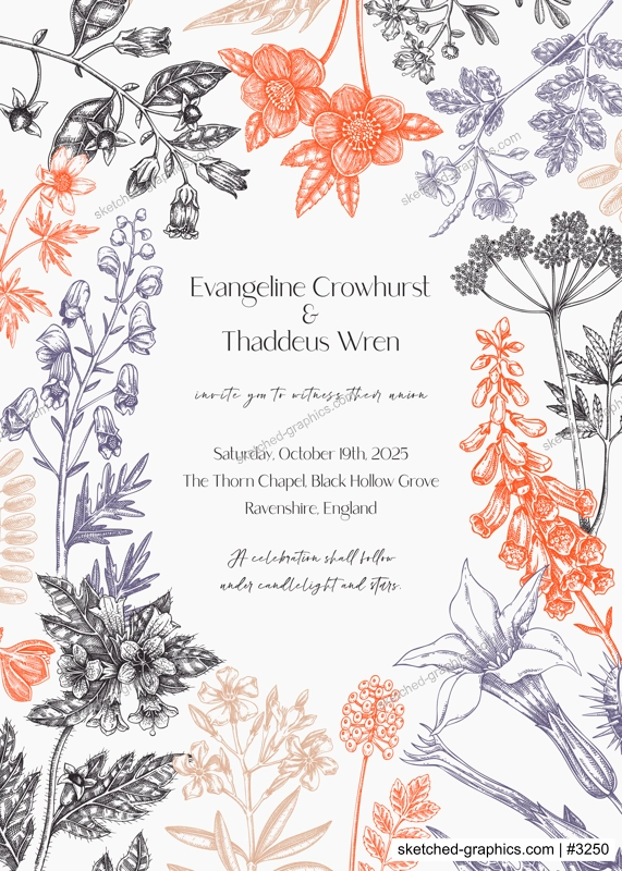 Poisonous plants hand drawn vector illustration. Gothic wedding invitation design template. Witchcraft,witch herbs apohecary frame.  NOT AI generated