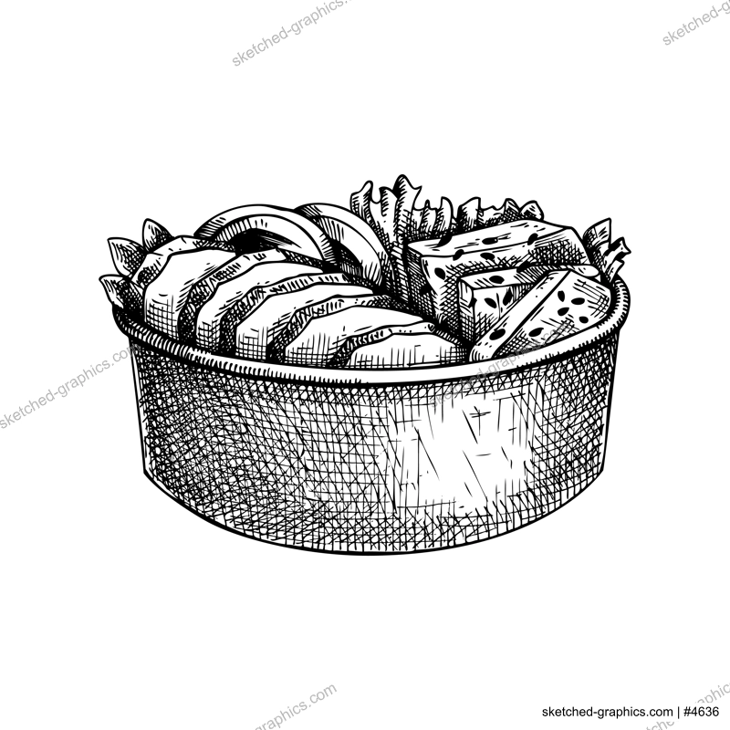 Poke bowl sketch. Paper container. Vintage fast food drawing. Food delivery design element. Take away box package