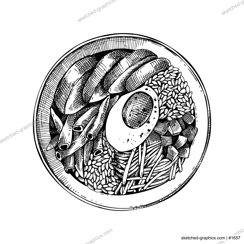 Poke bowl sketch. Paper container top view. Vintage fast food drawing. Food delivery design element. Take away box package