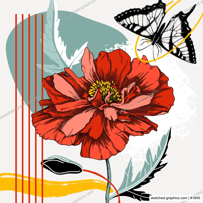Collage style poppy vector illustration. Hand-sketched spring flower and butterfly. Trendy design with floral, geometric shapes, abstract elements. Perfect for print, poster, card, wall art, cards