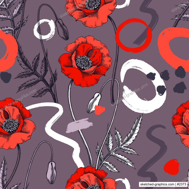 Collage-style summer background. Sketched poppy seamless pattern. Trendy design with floral sketches, geometric shapes, and abstract elements. Perfect for print, poster, card, fabric, wrapping
