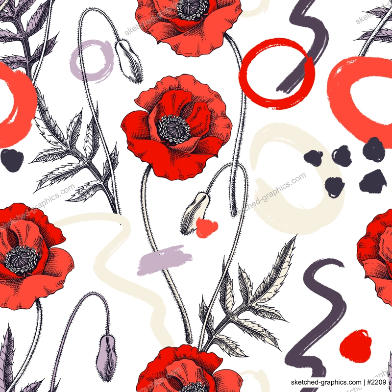 Collage-style summer background. Sketched poppy seamless pattern. Trendy design with floral sketches, geometric shapes, and abstract elements. Perfect for print, poster, card, fabric, wrapping