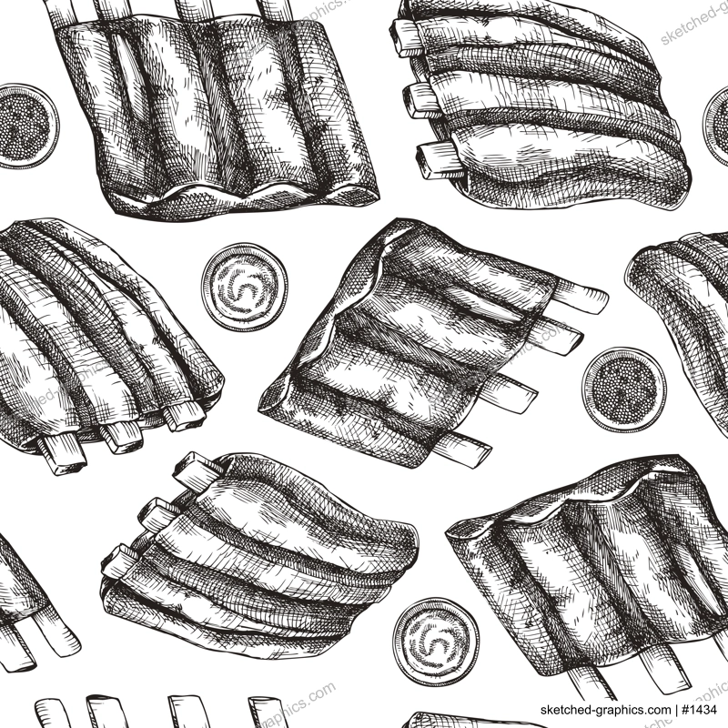 Pork ribs seamless pattern. Traditional German food sketch. Oktoberfest menu design. Hand-drawn meat background for fast food festival. German cuisine pork meal backdrop