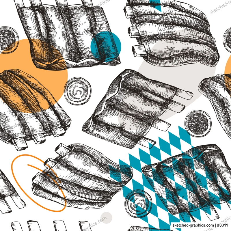 Pork ribs seamless pattern. Traditional German food sketch. Oktoberfest menu design. Hand-drawn meat background for fast food festival. German cuisine pork meal backdrop in sketched style