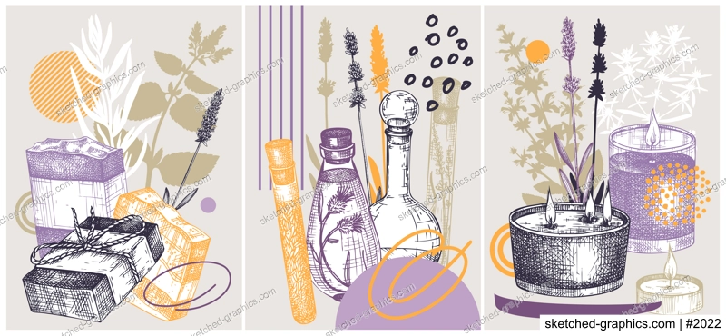 Collage-style Provence herbs poster set. Herbal plant sketch, hand drawn vector illustrations. For cosmetics packaging, perfumery labels, soap or candle making. NOT AI generated