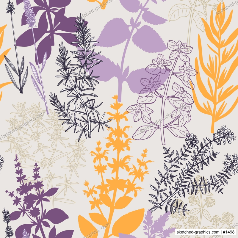 Collage-style Provence herbs background. Herbal plants hand-drawn vector illustrations. Seamless pattern with sage, peppermint, rosemary, lavender sketches. NOT AI generated